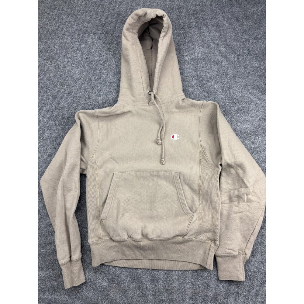 Champion Reverse Weave Hoodie Mens X-Small Beige Pullover Sweatshirt Logo